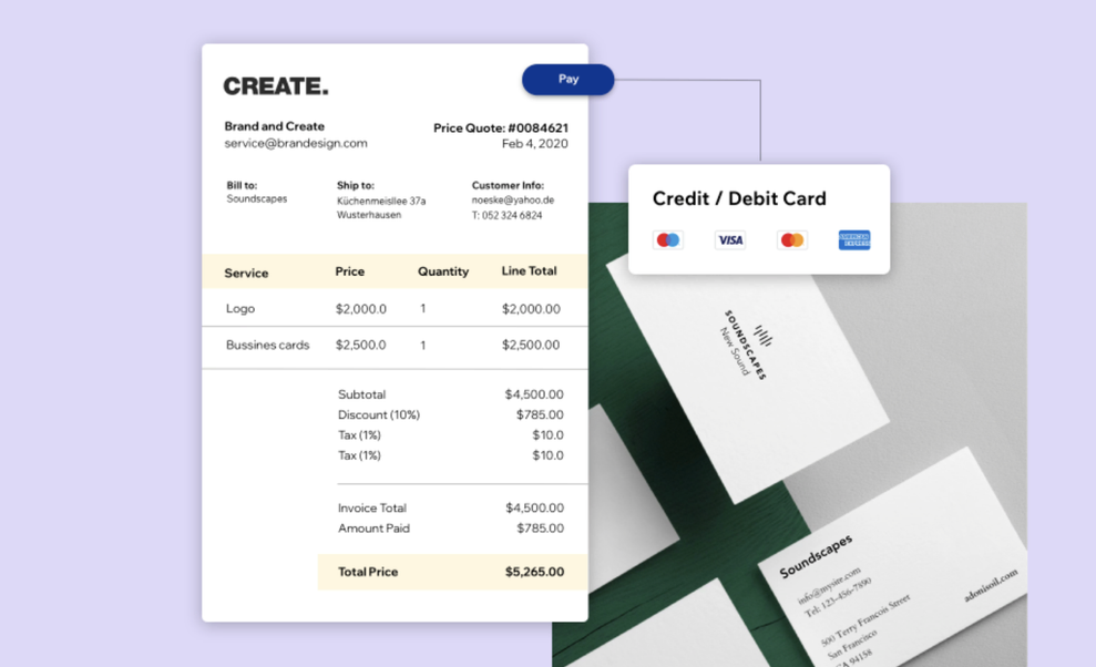 A Wix invoice document beside a credit card settings panel